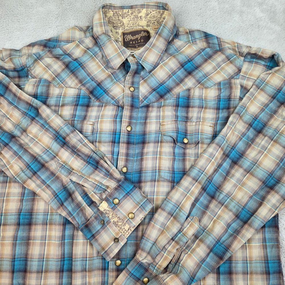 Wrangler Retro Premium Western Shirt Mens XL Plaid Pearl Snap Cotton Blue Tan 80